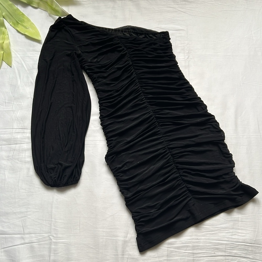 NWT LOGENE One Shoulder Puff Long Sleeve Ruched Bodycon Mini Dress - Picture 8 of 9